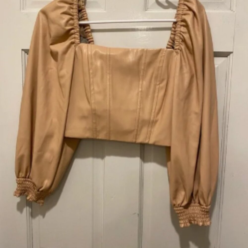Alice + Olivia Bronte Vegan Leather Blouson Sleeve Crop Top in Almond